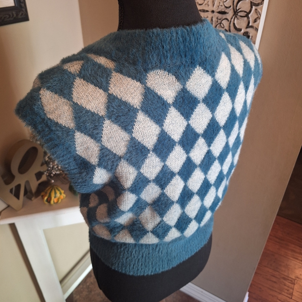 Sincerely Jules argyle preppy fuzzy sweater vest xs small med - Picture 7 of 16